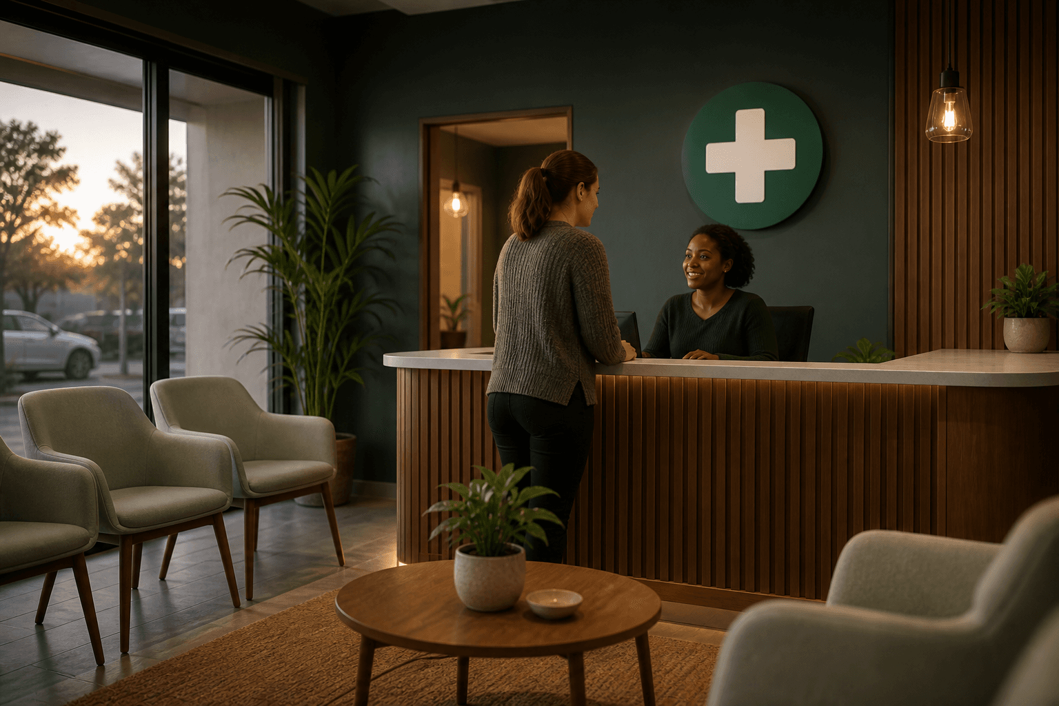 A visitor making an enquiry at the EdenCare Family Clinic reception desk