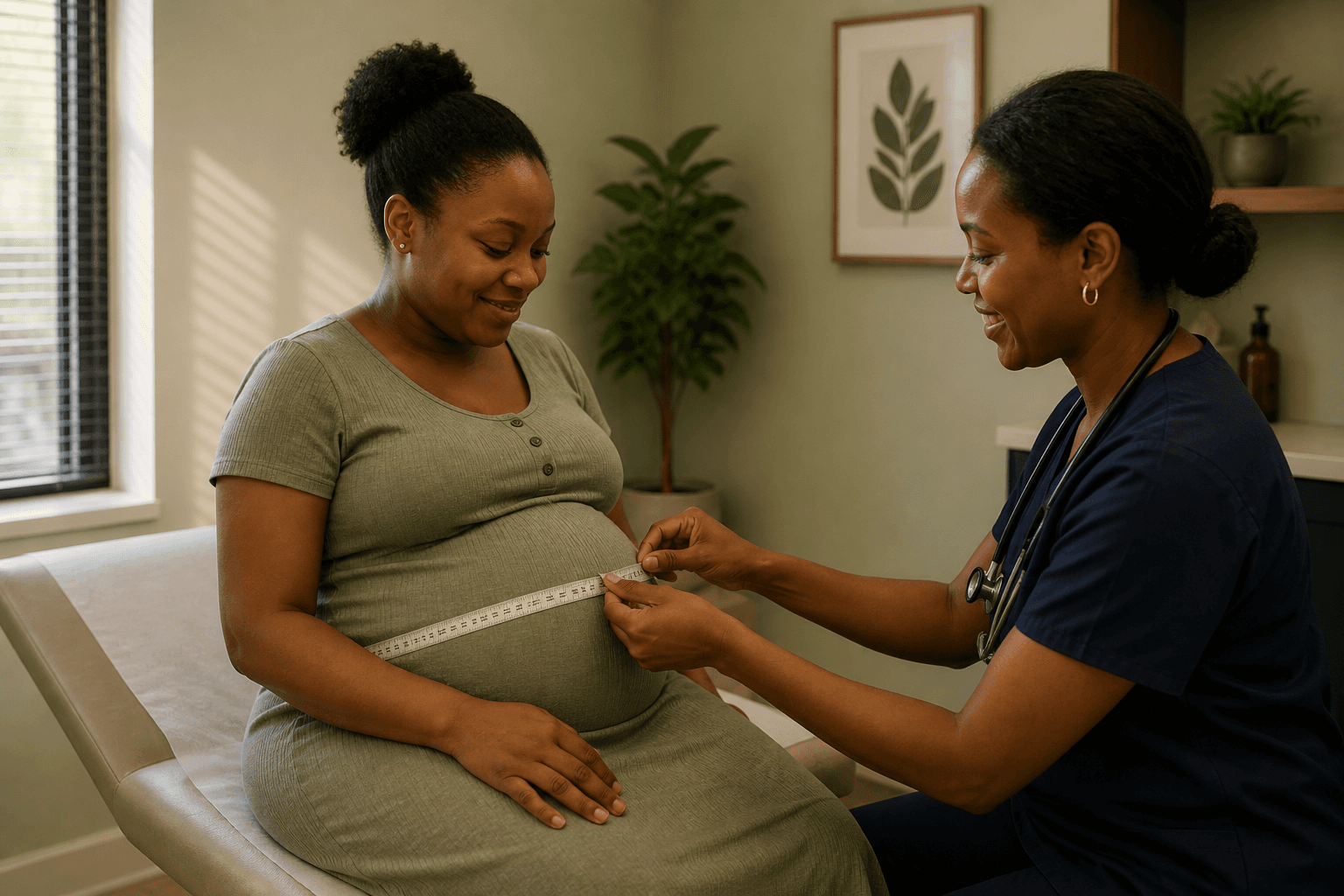 A clinician measuring a pregnant woman’s belly