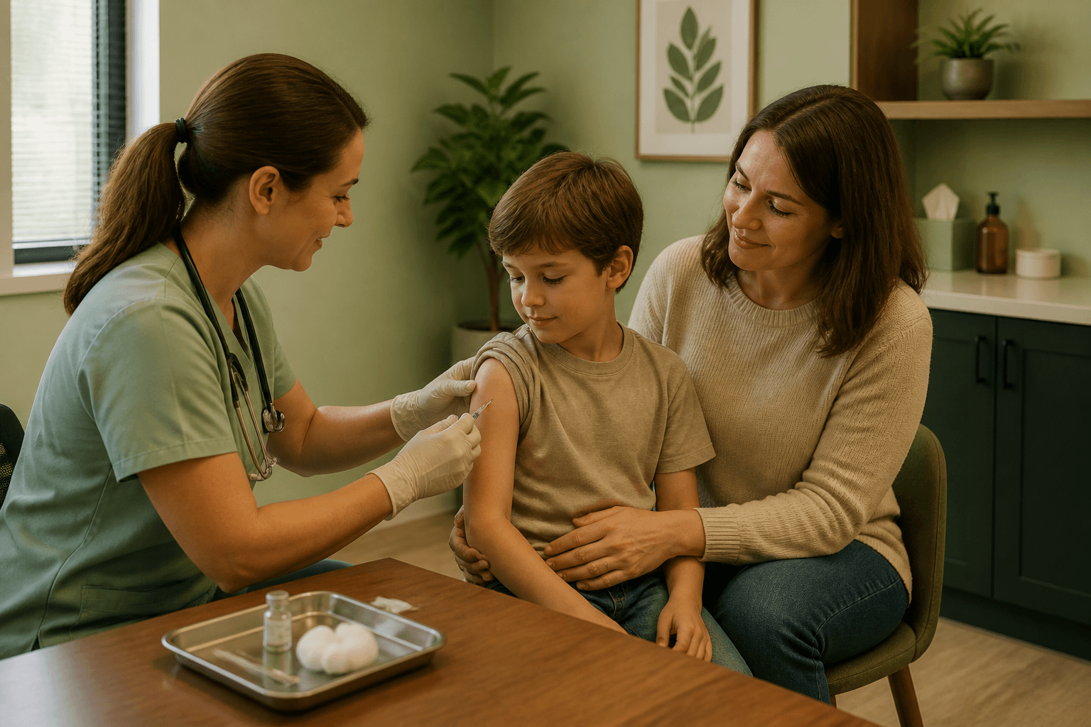 A nurse vaccinating a child held by a parent