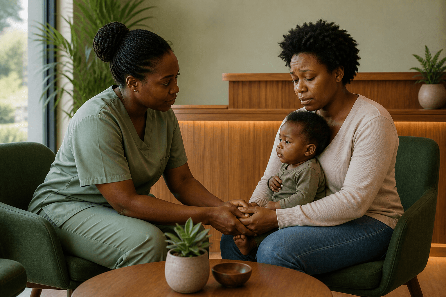 A nurse sitting with a mother and holding her hand in the clinic