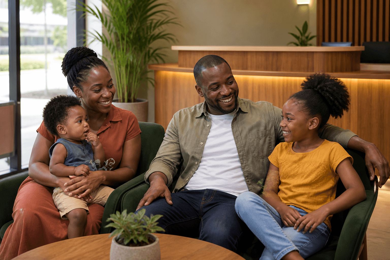 A family sitting together in the clinic waiting area