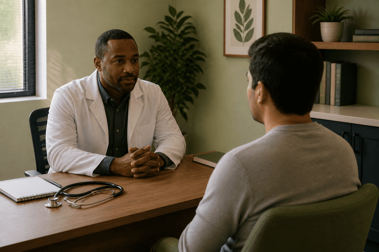 A doctor listening to a patient across a consultation desk