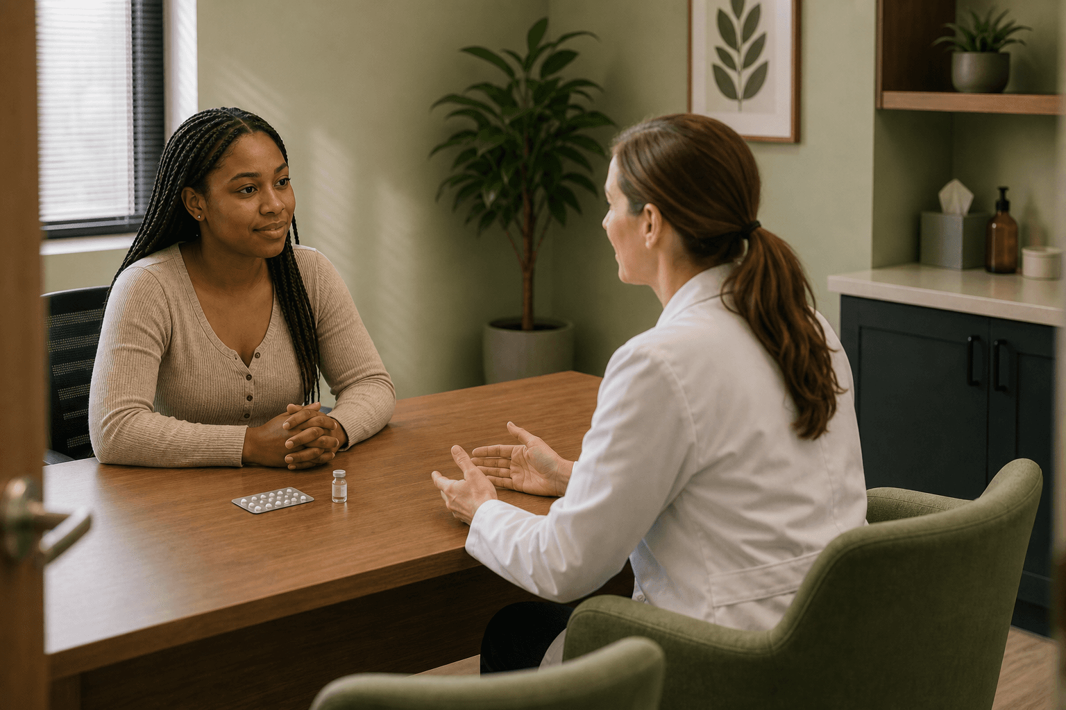 A woman discussing contraception with a clinician