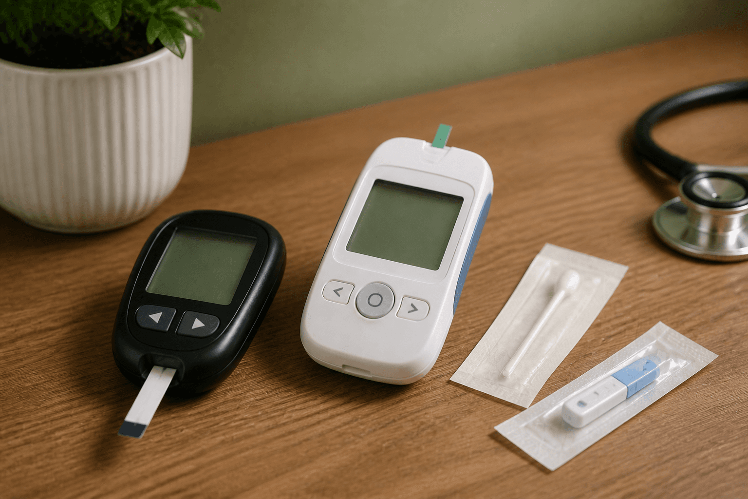 A glucometer and cholesterol meter on a clinic desk
