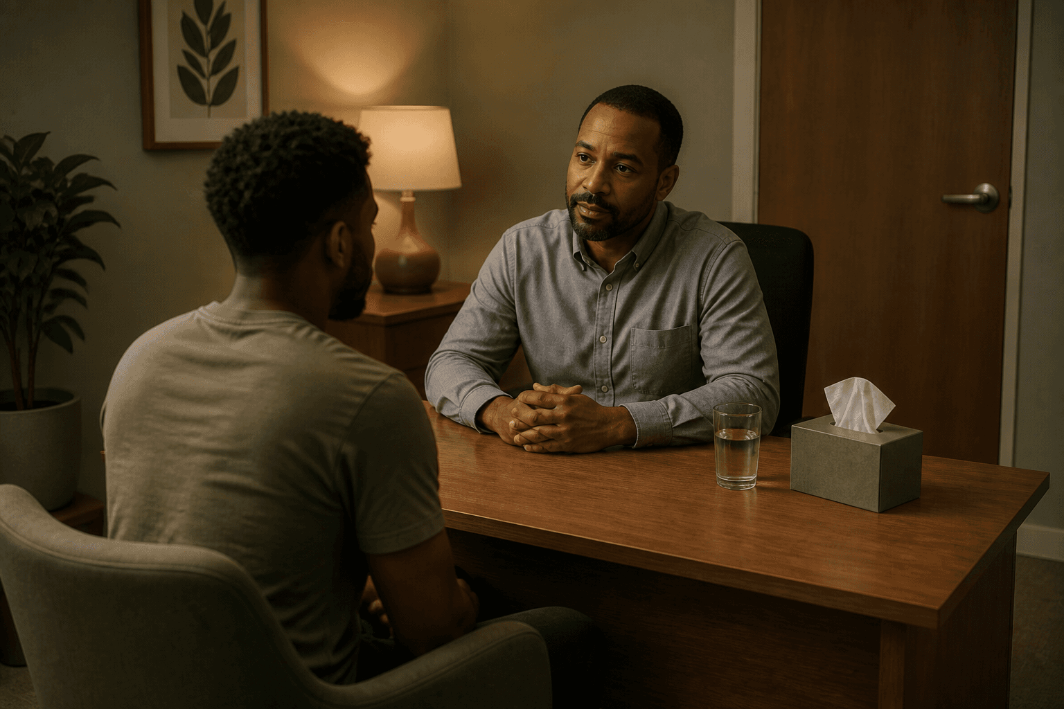 A private counselling conversation in a closed clinic room