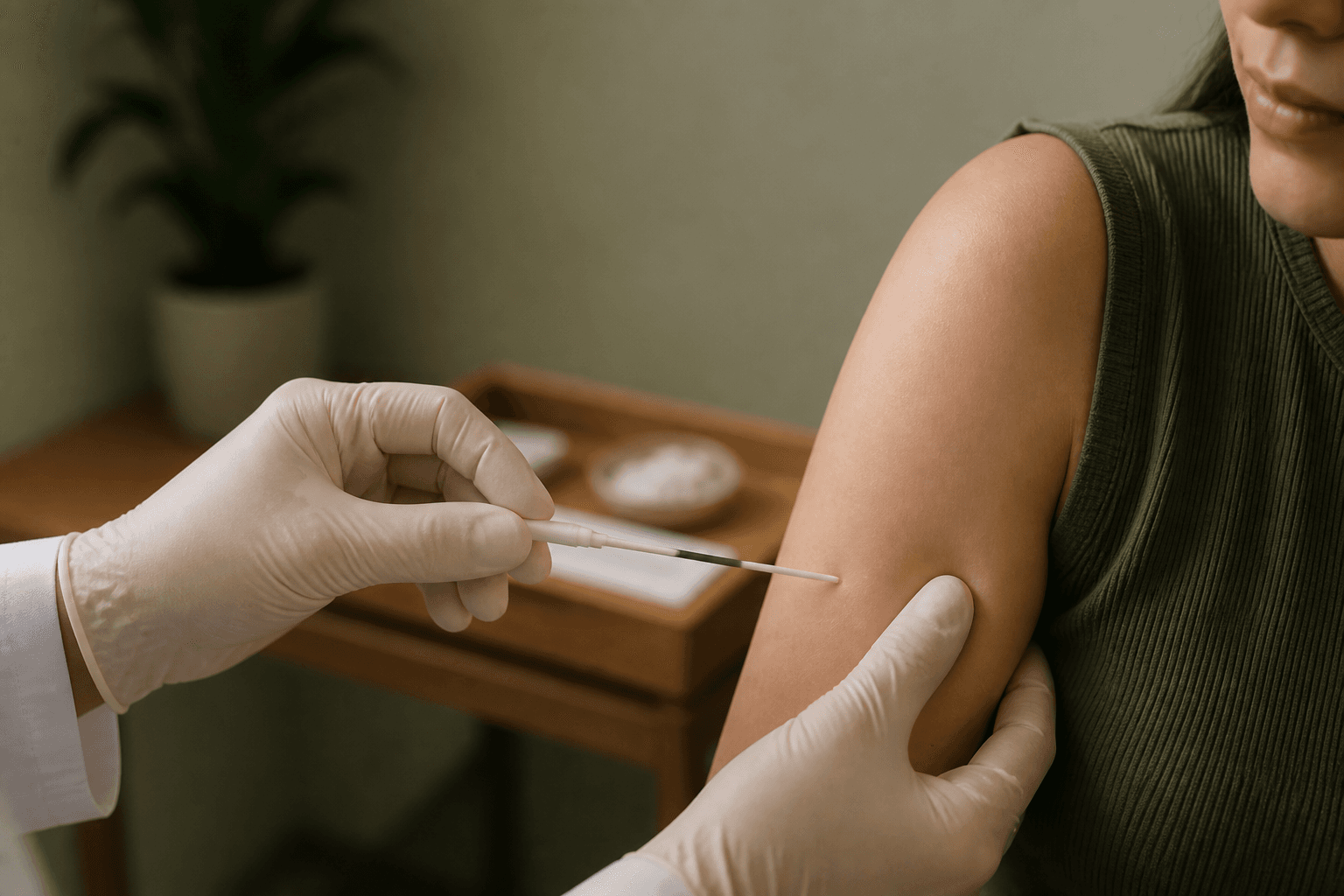 A clinician holding an implant applicator beside a patient’s arm