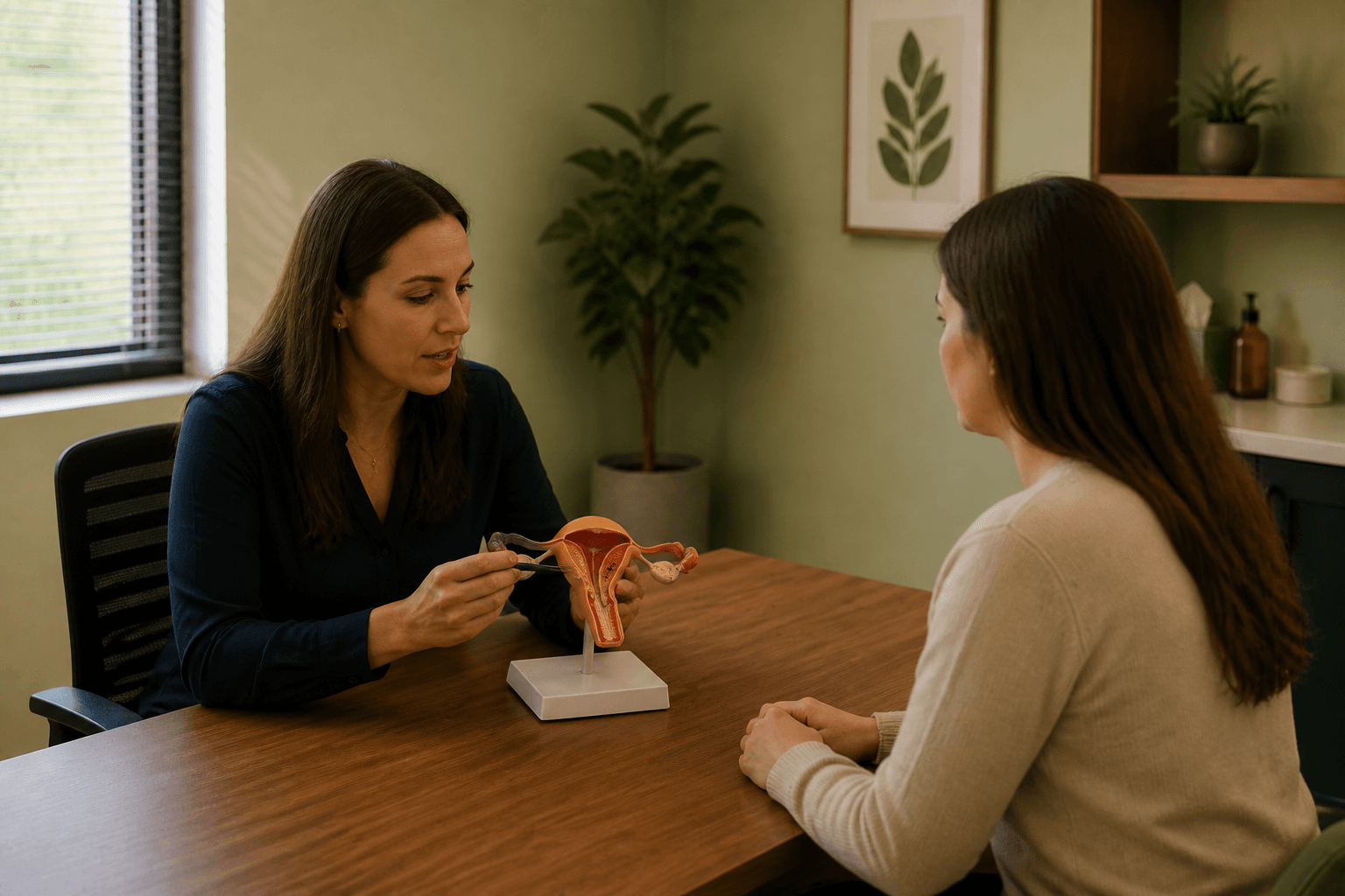 A clinician explaining an IUD using a teaching model