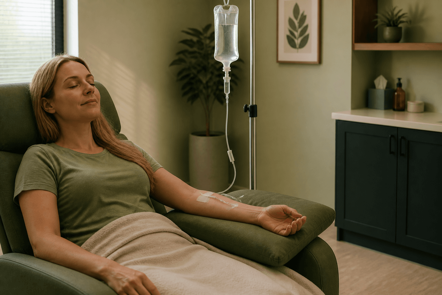An intravenous drip beside a patient in a clinic chair