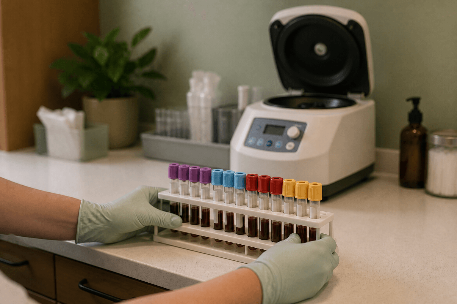 Gloved hands holding a rack of blood sample tubes