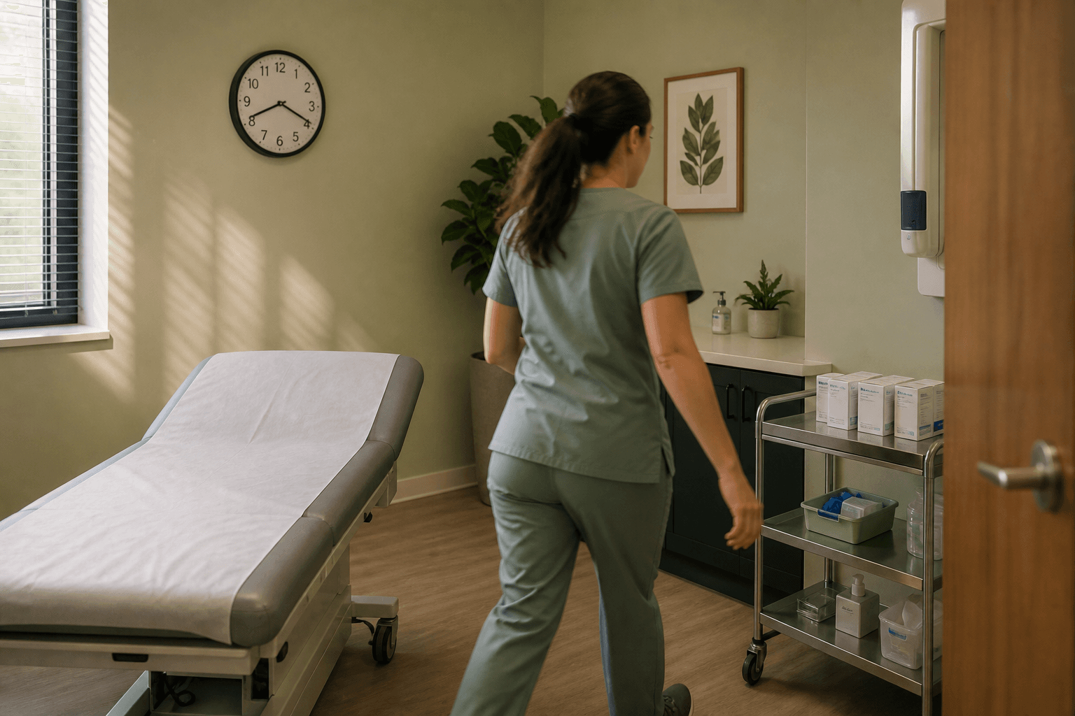 A clinician walking toward a prepared treatment trolley
