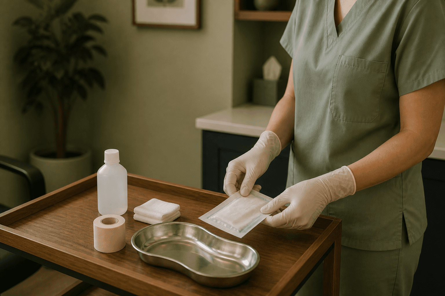 A nurse preparing a clean dressing tray