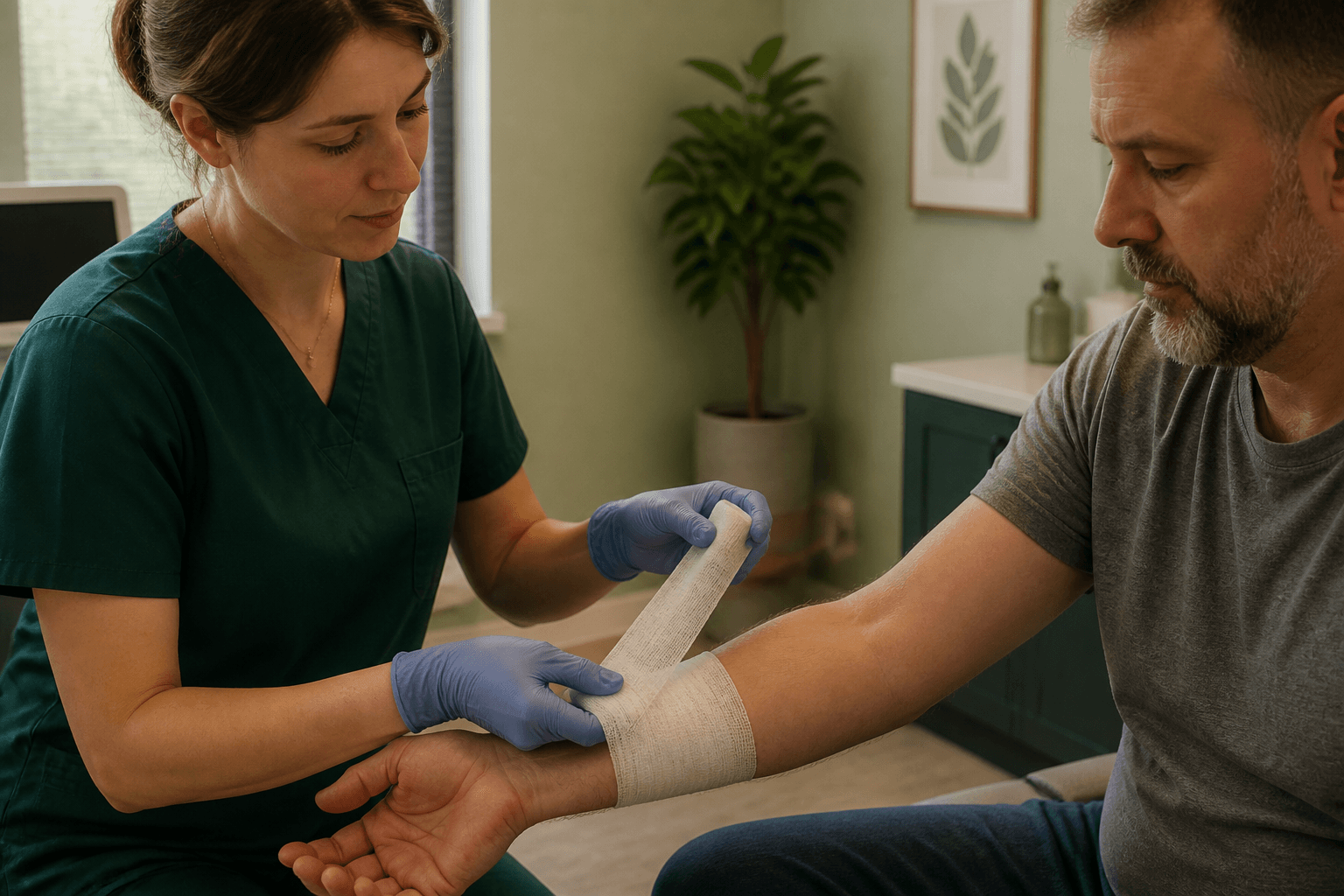 A nurse bandaging a patient’s forearm